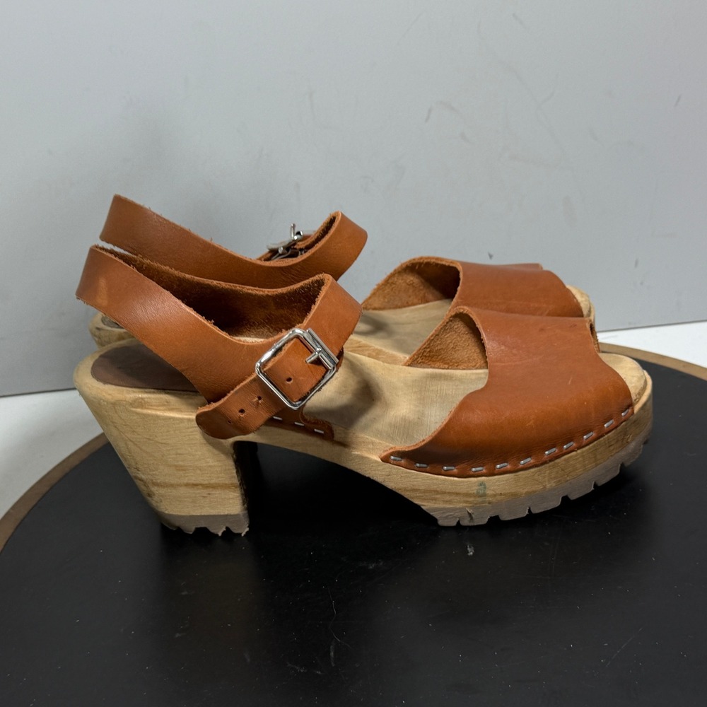 Mia Swedish Clogs Women 39 Wooden Platform Heel Peep Toe Tan Brown Leather Retro